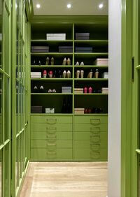 Г-образная гардеробная комната в зеленом цвете