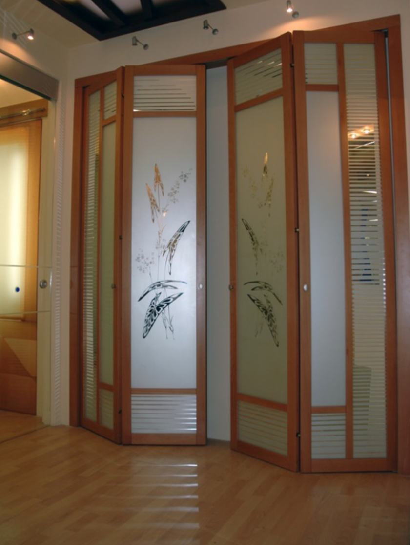 Широкие двери гармошка с матовым стеклом и рисунком